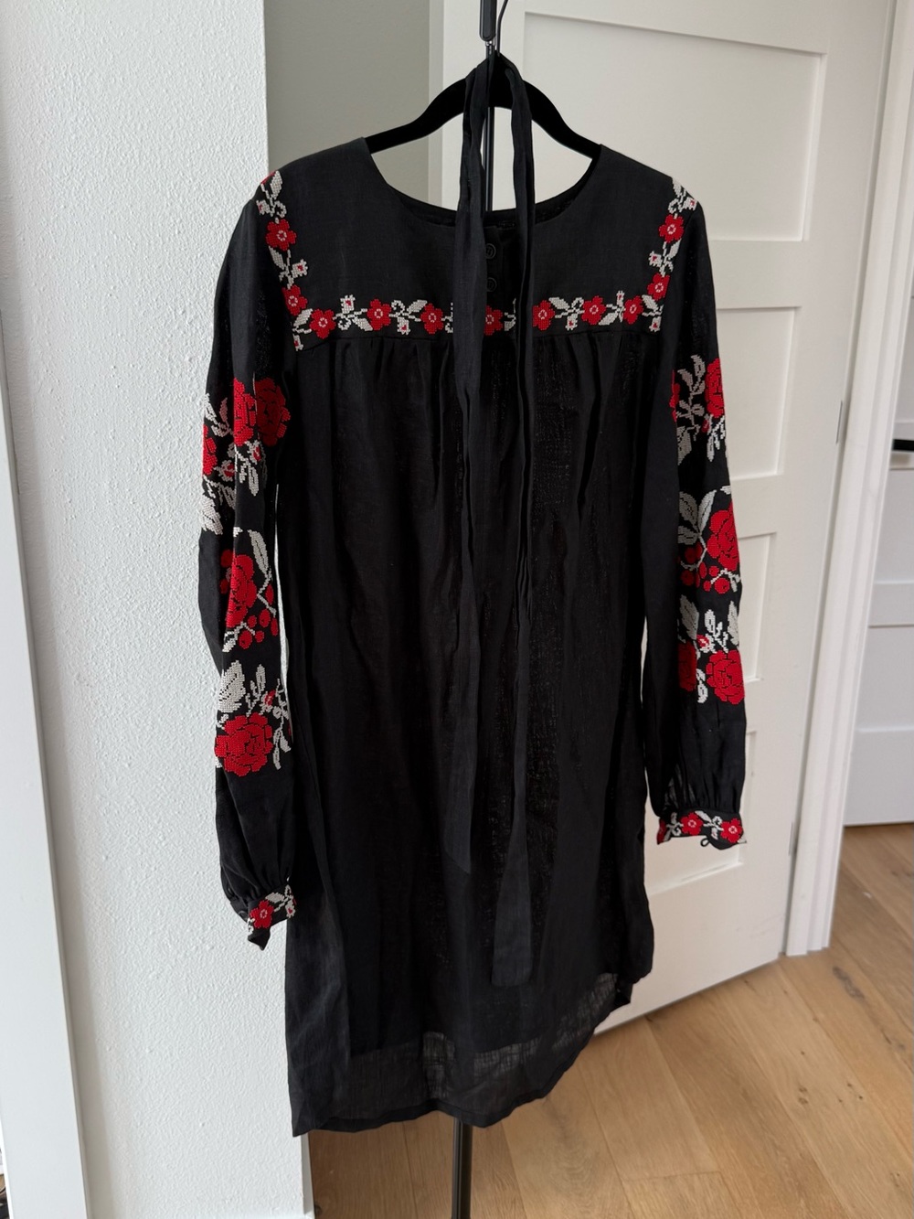 Black Embroidered Floral Long-Sleeve Dress - Red Accent